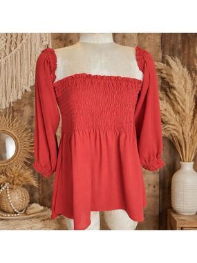 Express Smocked Blouse Size Large New Boho Puff Sleeve Top Women’s Coral Red